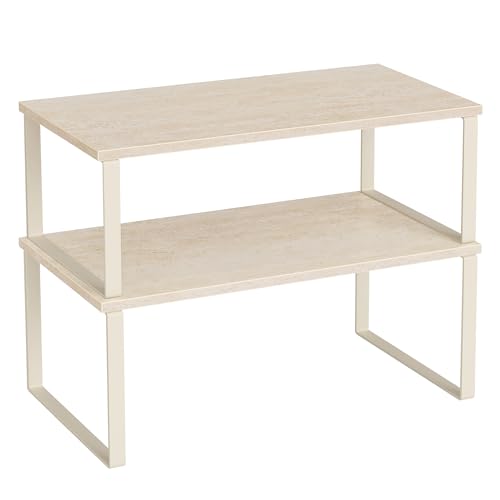 SONGMICS Cabinet Organizer Shelf, Set of 2 Kitchen Counter Shelves, Kitchen Storage, Spice Rack, Stackable, Expandable, Metal and Engineered Wood, 15.6 Inches, Beige & Cream White UKCS025L01 - color: Travertine Beige + Cream White, size: 15.6"w