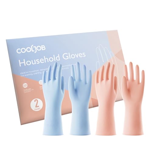 COOLJOB 2 Pairs Thickened Rubber Gloves with Cotton Lining & Non-slip Grip, Colorful Household Long Lasting Dishwashing Gloves for Kitchen & Bathroom Cleaning, Orange & Blue, Large - color: Orange & Blue, size: Large (Pack of 2)