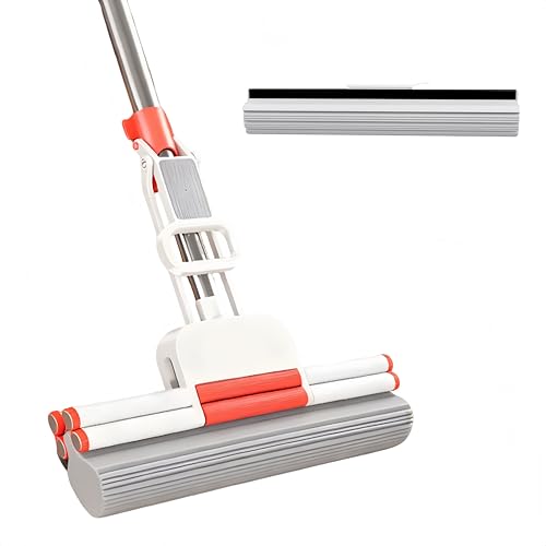 PVA Sponge Mop with 1 Extra 13-inch Sponge Head, Double-Row Roller ,Stainless Steel Rod Floor Mop, Highly Absorbent for Hard FloorsBathrooms, Kitchens, Garages, and Pet Areas - size: 13 inch