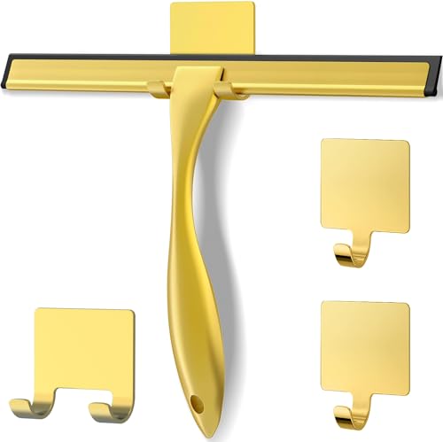 Stainless Steel Shower Squeegee for Glass Door with 3 Adhesive Hook, Glass Cleaning Squeegee for Bathroom & Household Window, Mirrors, Tiles and Car, Clear 10 Inches Golden - color: Gold, size: 10inch