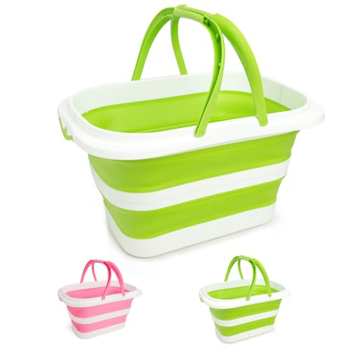 Large Collapsible Bucket for Cleaning, 4.2 Gallon (16L) Silicone Bucket with Handle & Hanging Hole, Foldable Space-Saving Mop Bucket for Home, Storage. Car Wash, Camping, Beach (Green White) - color: Green White