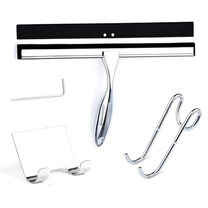 Shower Squeegee, 12 Inch Bathroom Squeegee with Spare Silicone Blade, Shower Door Hook and Adhesive Hook Glass, Stainless Steel Squeegee for Shower Glass Window Bathroom Mirror(12in-Silver-Pack of 1)