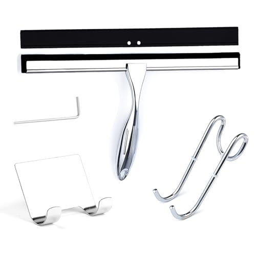 Shower Squeegee, 12 Inch Bathroom Squeegee with Spare Silicone Blade, Shower Door Hook and Adhesive Hook Glass, Stainless Steel Squeegee for Shower Glass Window Bathroom Mirror(12in-Silver-Pack of 1)