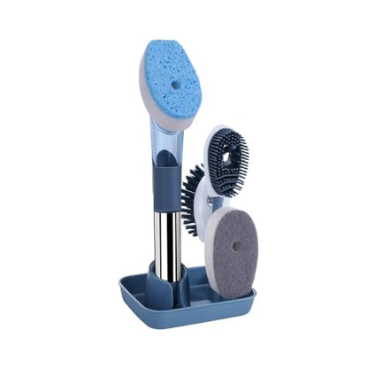 Soap Dispensing Dish Brush Set with Holder - 3 Replaceable Heads (Sponge, Scrubber, Brush) - Long Handle Kitchen Cleaning Brush for Pots, Pans, Sink & Dishes - Non-Slip Grip (Blue)