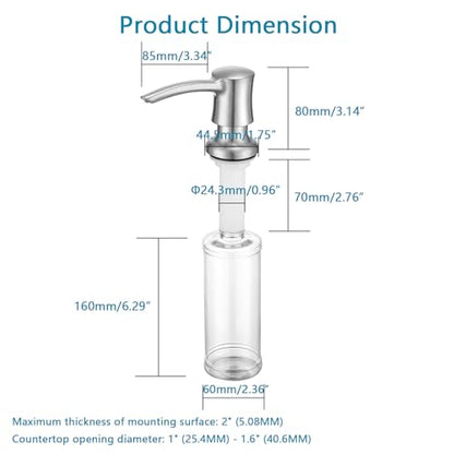 Soap Dispenser for Kitchen Sink, Built in Sink Soap Dispenser Brushed Nickel ABS Pump Head with 11 Ounce Soap Bottle - color: Brushed Nickel