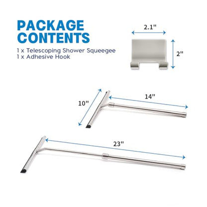 Shower Squeegee with Long Handle and Adhesive Hook. for Glass Doors, Tile Walls, Mirrors and Windows. Telescoping Squeegee for Cleaning. Bathroom Stainless Steel Squeegee, 10inch Wide, Chrome – 1pk