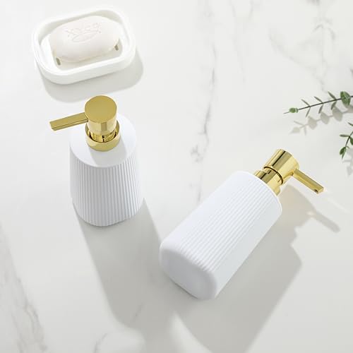 Small Soap Dispenser for Bathroom and Kitchen, Modern Farmhouse Striped Style Plastic Hand Soap Dish Soap Dispenser with Pump Matte White and Gold - color: White and Gold