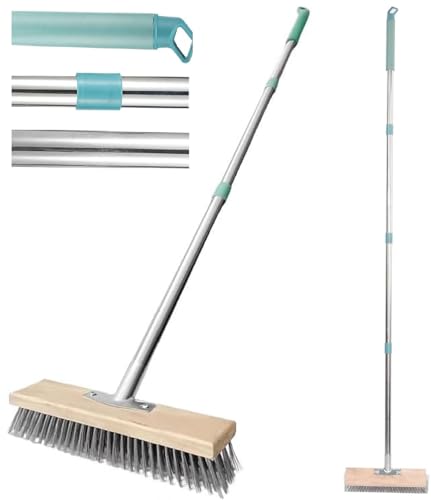 Heavy Duty Wire Broom with Telescopic Handle(63IN), Stiff Metal Brush Deck Scrub Brush Long Handle Tile Deck Cleaning Tool Scrub Brush for Cleaning Moss Grout Garden Garage (with 20CM Broom Head) - size: with 20CM Broom Head