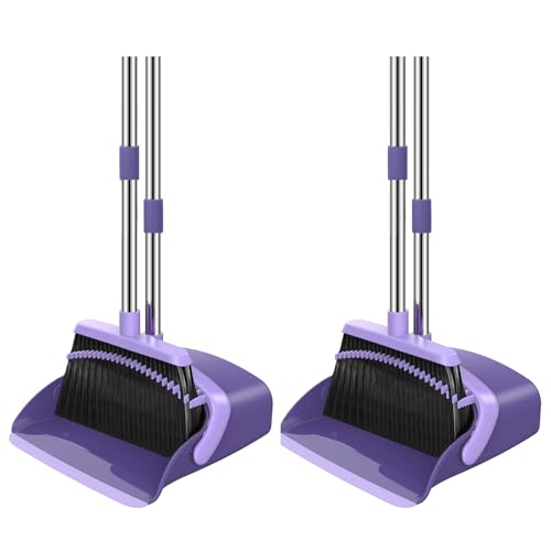 NACENA Broom and Dustpan Set, 52-in Long Adjustable Handle Broom Dustpan Combo with Dust pan Teeth to Automatically Clean Hair Suitable for Home Kitchen Office Hall Floor (Purple), 2 Pack - color: Purple, size: 2 Pack