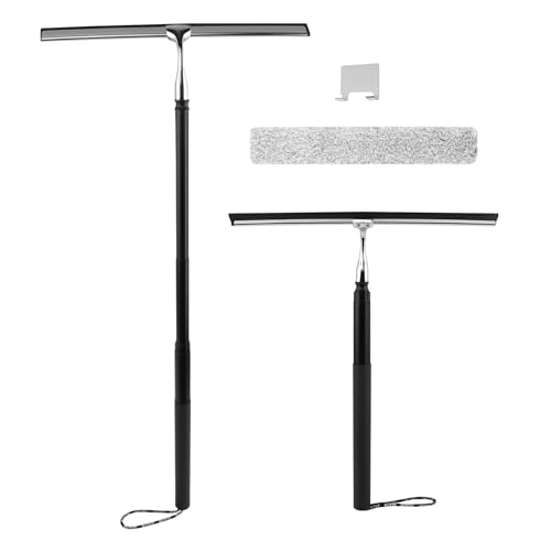 Shower Squeegee with Long Handle and Adhesive Hook, 16.93" to 59.84" Telescopic Squeegee for Window Cleaning, Bathroom Cleaner Window Cleaning Tool for Mirror, Glass, Ceramic Tile(Color:Black)