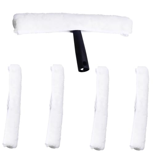 Professional Window Cleaning Combo - Squeegee Microfiber Window Scrubber Tool with Handshake T Handle, 5 Replacement Cloths - 14.4 Inch Window Washing Squeegee