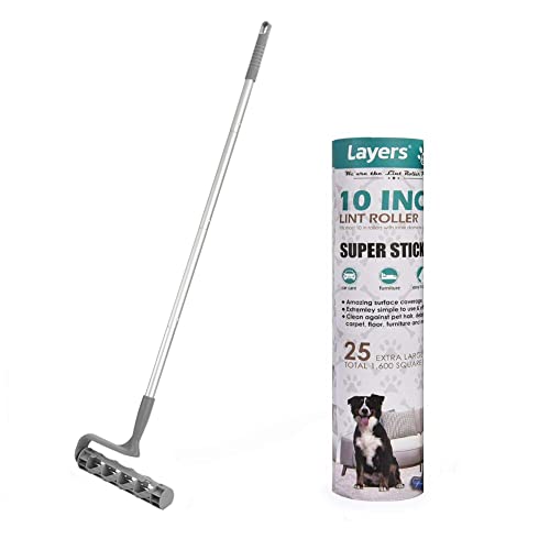 Layers Lagre Pet Mega Cleaning Floor Roller, Long Sticky Mop, 4-Foot Extendable Handle, 10in Wide Roller, 25 Sheets