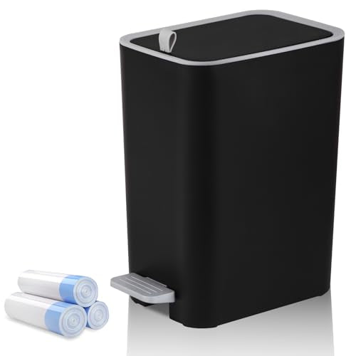 rejomiik Small Bathroom Trash Can with Lid, 2.1 Gallon Step Garbage Can with Handle, Slim Mini Wastebasket Bin for Bedroom, Office, Dorm, Black - color: Black, size: 2.1 Gallon