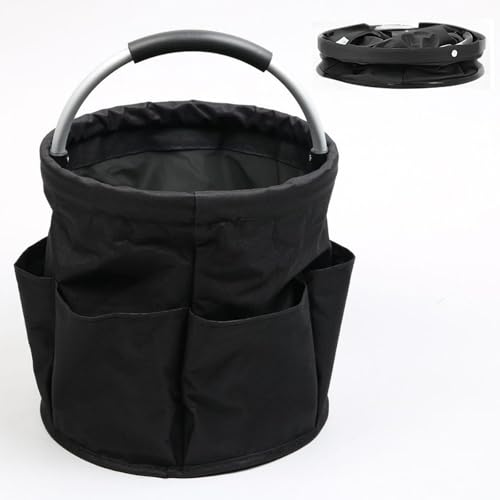 17L Foldable Cleaning Caddy with Handle, Cleaning Supplies Organizer Storage Basket with 6 Side Pockets, Portable Multi Cleaning Bucket Bag for Home Garden Bathroom Camping (Black) - color: Black