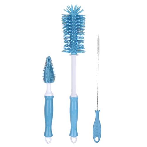 Silicone Bottle Cleaning Brush,Baby Travel Essential Bottle Brush Set, 3 in 1 Silicone Brush, Nipple Brush, Straw Brush - color: Blue