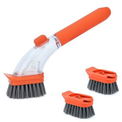 DAPOWER Soap Dispensing Dish Brush with Handle, Kitchen Scrub Brush for Dishes Pots Pans Sink Cleaning (Orange)
