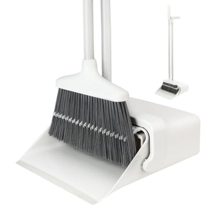 CQT Broom and Dustpan Set with Handle, Brush and Dustpan Set for Home Kitchen Cleaner Floor Sweeping Upright Stand Up Dust pan Cleans Combo (White)