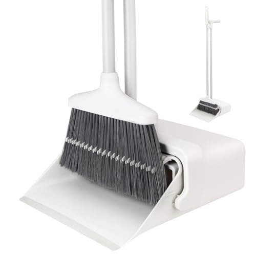 CQT Broom and Dustpan Set with Handle, Brush and Dustpan Set for Home Kitchen Cleaner Floor Sweeping Upright Stand Up Dust pan Cleans Combo (White)
