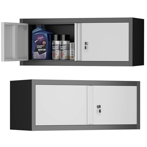 Metal Garage Storage Cabinet, Locking Cabinet Wall Mounted, 12.8" H Floating Cabinet for Warehouse, Upper Tool Cabinet for Home Office, Basement, Kitchen, RV Organization - color: 13"h-upper Cabinet / Black+grey