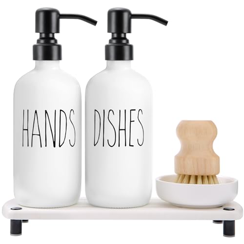 MOMEEMO White Soap Dispenser Set Comes with Stainless Steel Pumps, Instant Dry Tray, and Dish Scrub Brush, Suitable for Kitchen Accessories and Farmhouse Decor. (White) - color: White1