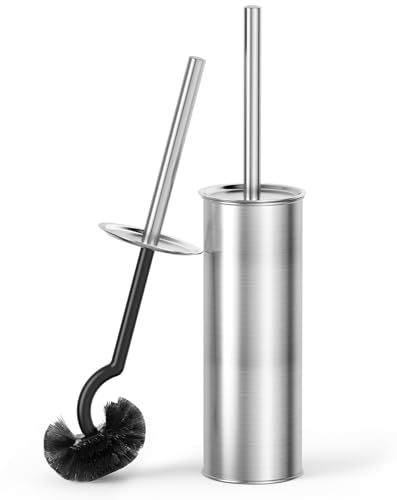 Cesun Toilet Brush and Holder Set, Curved Toilet Bowl Brush for Under Rim Cleaning, 304 Stainless Steel Holder, Weighted Base, Long Handle Toilet Scrubber, 2 Brush Heads, Silver - color: Silver