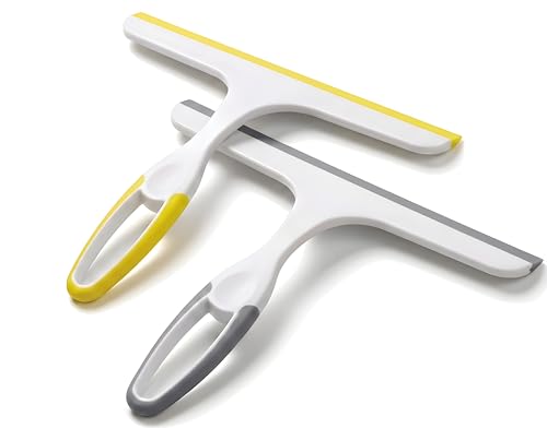 2 Pack Shower Squeegee for Glass Doors – 9.5” Silicone Blade Window Cleaner Tool (Grey & Yellow) – Bathroom, Car Windshield, Mirror & Tile Cleaning Wiper with Hook – Lightweight Ergonomic Handle