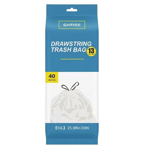 Garvee Trash Bags 50L (13 Gallon) with Drawstring, Heavy Duty Garbage Bags HDPE Puncture Resistant Leak Proof, 40 Count 1 Roll, 66 * 74cm (26” x 29”) Kitchen Trash Bags for Home Office - size: 40 Count (Pack of 1)
