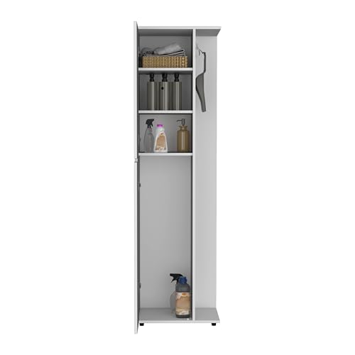 Austin Freestanding Broom Closet in White Finish Heavy Duty Storage for Household Tools and Accessories Easy to Clean Surface
