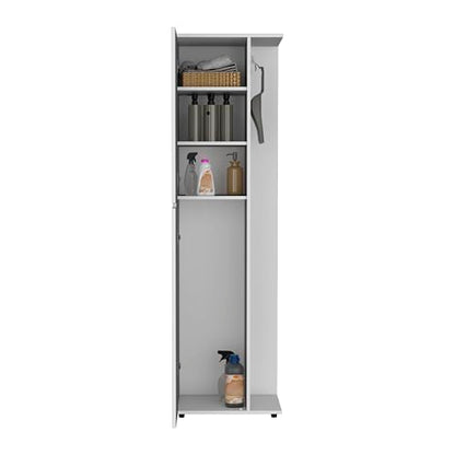 Austin Freestanding Broom Closet in White Finish Heavy Duty Storage for Household Tools and Accessories Easy to Clean Surface