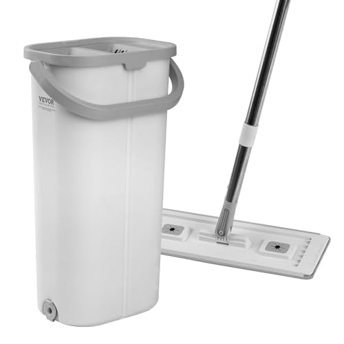 VEVOR Mop and Bucket with Wringer Set, Wet & Dry Use, Flat Mop and Bucket System with 3 Washable Microfiber Pads, Flat Mop with Stainless Steel Handle, Mop Bucket Set for Hardwood Tile Vinyl - style: Flat Mop and Bucket with 3 Pads