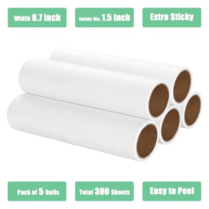 8.7 inch Lint Roller Refills Only, Compatible with Mammoth Lint Roller, Extra Large Sticky Roller Refill 5 Rolls, 60 Sheets per Roll, Total 300 Sheets, Perfect for Pets (8.7'' Wide) - size: 8.7'' Wide (Pack of 5, Total 300 Sheets)