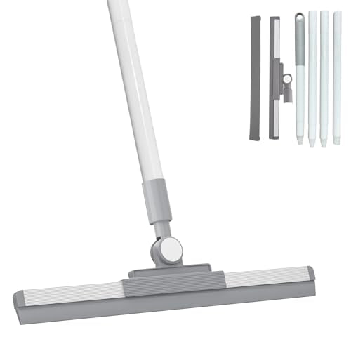 Floor Squeegee Broom - 52" Long Handle Rubber Scrubber for Bathroom, Tile, Shower, Glass, Pet Hair, Hardwood Floor - Adjustable Long Handle, Water Wiper with Replacement Blade (White) - color: White