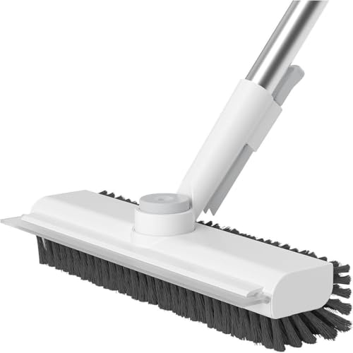 3-in-1 Floor Scrub Brush with Long Handle – Heavy-Duty Stiff Bristles & Built-in Scraper, Effortless Deep Cleaning for Bathroom, Shower, Kitchen, Garage, Patio & Deck (White) - color: White
