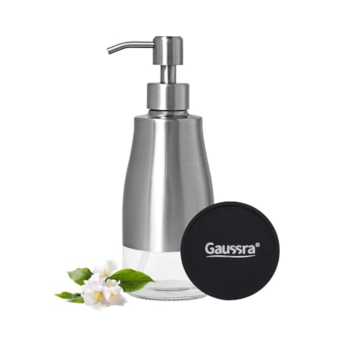 Gaussra Soap Dispenser with Coaster and Stickers, Brushed Nickel Stainless Steel Case Glass Liner Hand Pump Dispenser, Refillable Liquid Hand Soap Dispenser for Bathroom & Kitchen (11OZ / 320ML) - color: Brushed Nickel