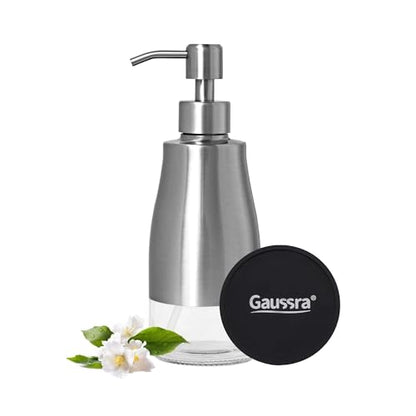 Gaussra Soap Dispenser with Coaster and Stickers, Brushed Nickel Stainless Steel Case Glass Liner Hand Pump Dispenser, Refillable Liquid Hand Soap Dispenser for Bathroom & Kitchen (11OZ / 320ML) - color: Brushed Nickel