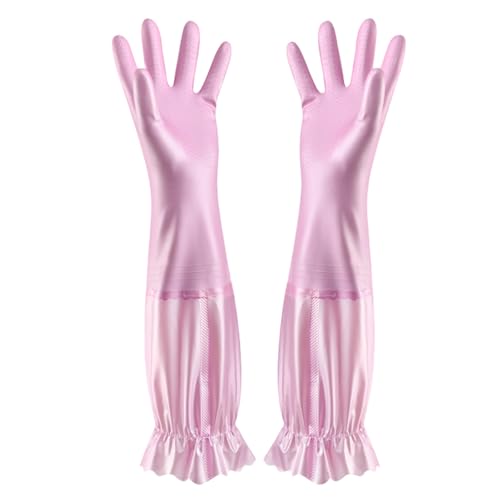 RARITYUS Household Kitchen Cleaning Gloves Waterproof Cotton Lined Dishwashing Non-Slip Long Cuff Gloves - color: Pink (Length 20.5'')