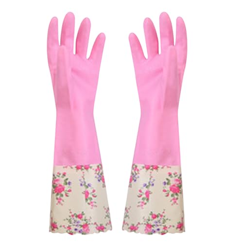 Gloves for Cleaning, Cleaning Gloves for Women With Velvet Lining and Non-Slip Grip, Long-Lasting Rubber Cleaning Gloves for Household Cleaning, Reusable Kitchen Gloves for Washing Dishes, Pink