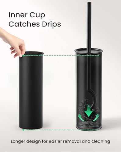 Cesun Toilet Brush and Holder Set, Curved Toilet Bowl Brush for Under Rim Cleaning, 304 Stainless Steel Holder, Weighted Base, Long Handle Toilet Scrubber, 2 Brush Heads, Black - color: Black