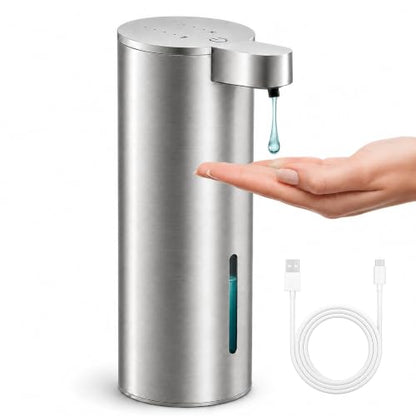 XINKORA Stainless Steel Automatic Soap Dispenser for Dish & Hand Soap, Touchless Sensor Pump, 4 Adjustable Levels, USB-C Rechargeable, 350mL, Wall Mount or Countertop for Kitchen & Bathroom
