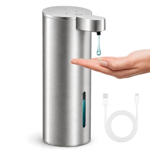 XINKORA Stainless Steel Automatic Soap Dispenser for Dish & Hand Soap, Touchless Sensor Pump, 4 Adjustable Levels, USB-C Rechargeable, 350mL, Wall Mount or Countertop for Kitchen & Bathroom