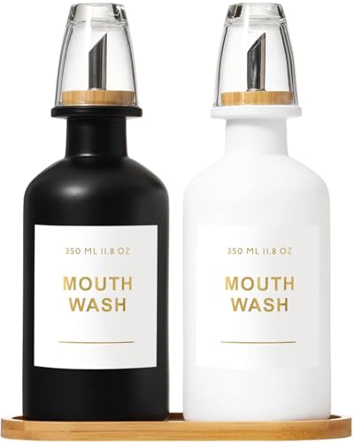 11.8OZ Mouthwash Dispenser for Bathroom with Bamboo & Stainless Steel Pour Spout, Mouthwash Cups Reusable, Bamboo Tray, and Elegant Gold Label. Set of 2（Black/White - color: Black/White/350*2