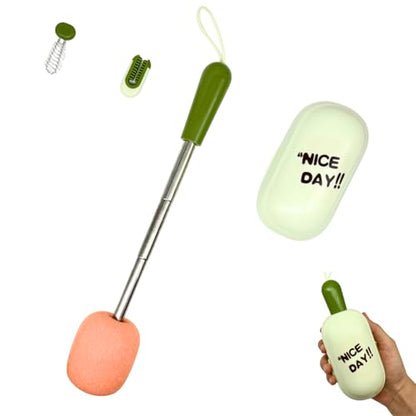 4-in-1 Portable Bottle Brush Cleaner Set, Water Bottle Cleaning Brush with Long Extendable Handle, Sponge Cup Brush, Rim & Crevice Brush, Travel Case for Baby Bottles, Tumblers, Glassware