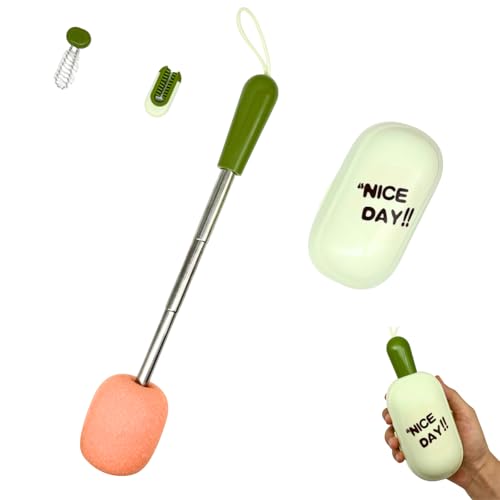 4-in-1 Portable Bottle Brush Cleaner Set, Water Bottle Cleaning Brush with Long Extendable Handle, Sponge Cup Brush, Rim & Crevice Brush, Travel Case for Baby Bottles, Tumblers, Glassware
