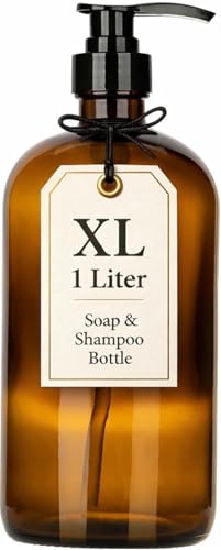 32 Ounce Glass Large Soap Dispenser - Refillable Shampoo and Conditioner Bottle with Pump for Shower and Bath - 1 Liter Shower Bottle- by Kitchentoolz - color: Amber, size: Pack of 1