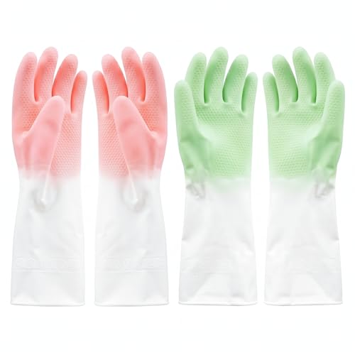 Cleaning Gloves 2 Pairs, Medium Reusable Dishwashing Gloves Honeycomb Non-Slip Grip, Waterproof Long Cuff Household Gloves for Kitchen Dishes Bathroom Laundry Pet Bath, Mint Green & Pink for Women