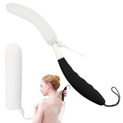 Shower Back Brush with Long Handle, 15.35" Body Brush, Long Back Scrubber for Men Women, Long Handled Sponge Body Exfoliator, Loofah Back Scrubber for Aid Bathing（Black） - size: Black+White Handle