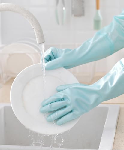 RARITYUS Household Kitchen Cleaning Gloves Waterproof Cotton Lined Dishwashing Non-Slip Long Cuff Gloves - color: Blue (Length 20.5'')