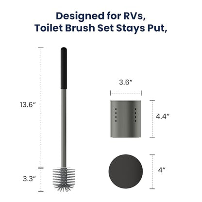 RV Toilet Brush and Holder Set- One-Piece Long Handle, Silicone Head, Magnetic Base- RV Bathroom Cleaning Kit, RV Essentials Accessories for Camper, Trailer, Motorhome
