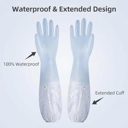 1 Pair Thickened PVC Waterproof Household Cleaning Gloves, Non-Slip Long Cuff Dishwashing Gloves, Elastic Wrist Cuff Reusable Kitchen Laundry Working Gloves, Jelly Blue