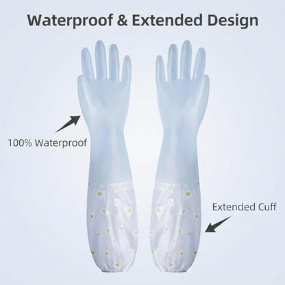 1 Pair Thickened PVC Waterproof Household Cleaning Gloves, Non-Slip Long Cuff Dishwashing Gloves, Elastic Wrist Cuff Reusable Kitchen Laundry Working Gloves, Jelly Blue